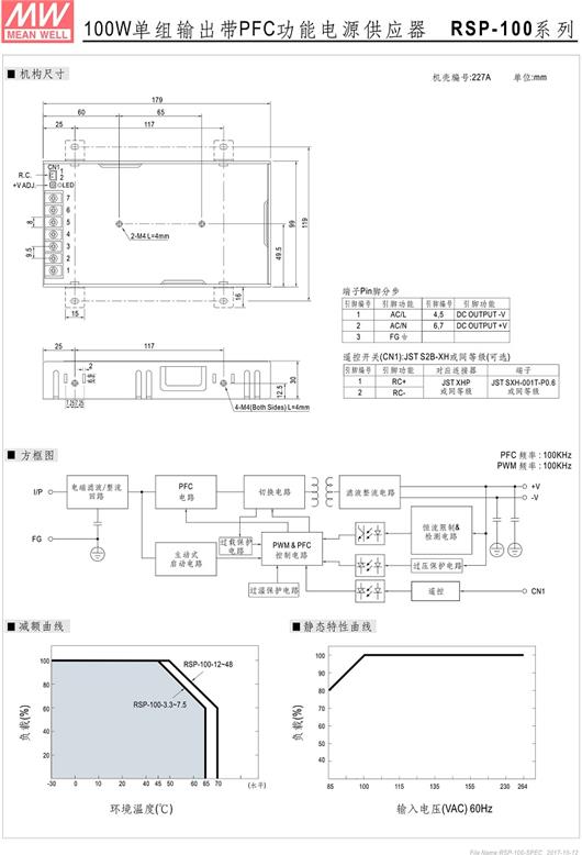 RSP-100系列 明纬电源 MEAN WELL 单组输出 PFC功能 电源供应器 