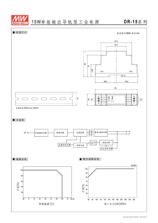 DR-15系列  明纬 WEAN WELL  单组输出导轨型工业电源  开关电源