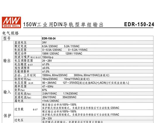 EDR-150系列 DIN导轨型单组输出 明纬 WEAN WELL 开关电源