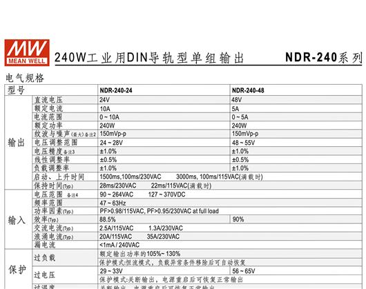 NDR-240系列 DIN导轨型单组输出 明纬 WEAN WELL 开关电源