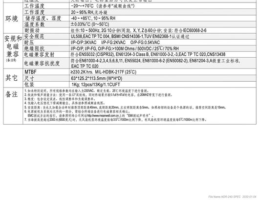 NDR-240系列 DIN导轨型单组输出 明纬 WEAN WELL 开关电源