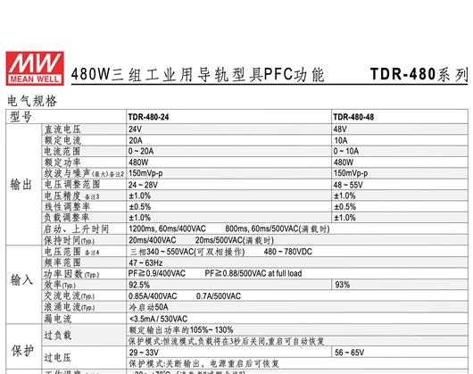 TDR-480系列 明纬 MEAN WELL 超薄三组工业用导轨型具PFC功能