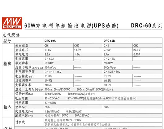 DRC-60A60B_MEAN_WELL明纬开关电源安防DIN型具UPS功能60W双组输出